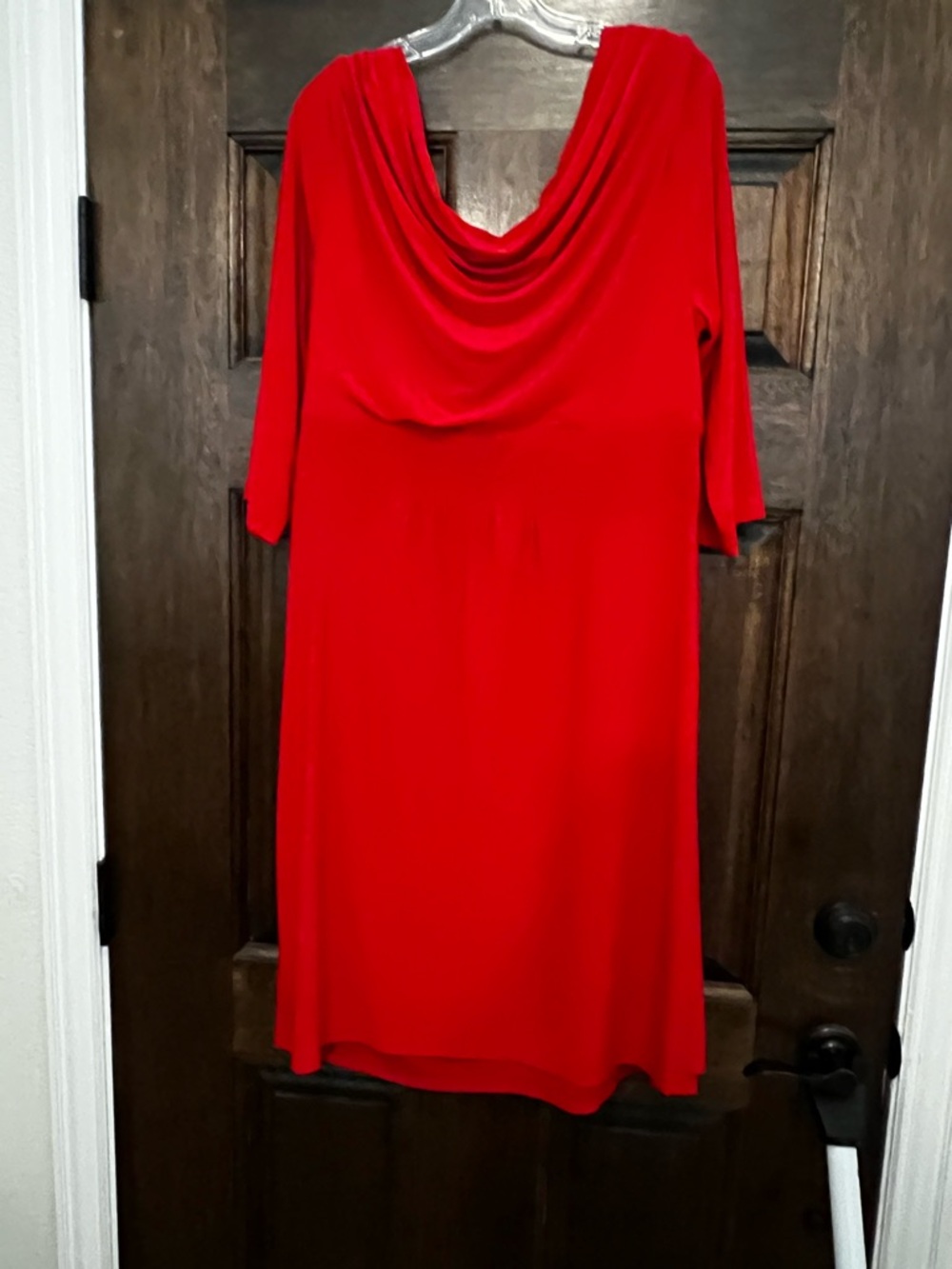 Signature Red Draped Midi Dress with Decorative Brooch - Picture 3 of 5